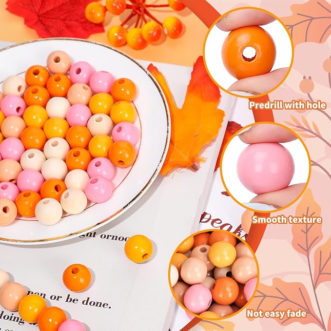 Whaline 240 Pcs Fall Wooden Beads Thanksgiving Harvest Natural Orange Pink - Image 3