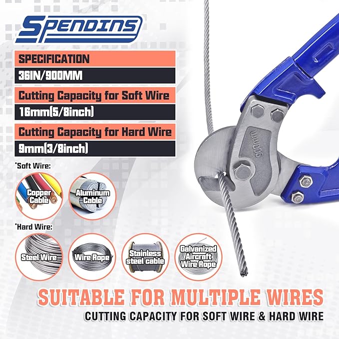36” Heavy Duty Wire Rope Cutter,Steel Wire Cutters w/Ergonomic Handle Design, Hardened Cable Cutter Cuts Up to 5/8" for Wire rope, Stainless Steel Wire, Copper and Aluminium Cables