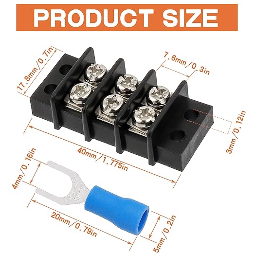 3 Circuits 3 Positions Terminal Block 20-30A 200-450V Dual Row Screw Terminals Strip with 30 PCS Heat Shrink Wire Fork Connectors(Pack of 5pcs)