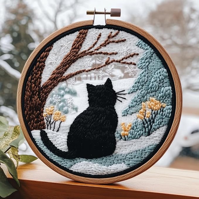 DIY Punch Needle Kit Cat with Hoop 20x20cm | with Pattern Stamped Easy by Unknown
