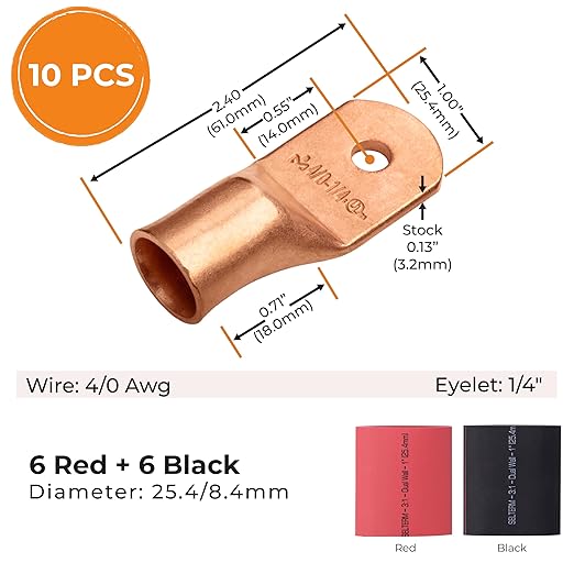 SELTERM 10pcs - 4/0 Awg - 1/4" Stud - Battery Lugs - Ring Terminal Connectors | with 12pcs 3:1 Black & Red Heat Shrink Tubing with Adhesive | Heavy Duty Battery Cable Ends - Bare Copper Wire Lugs Kit