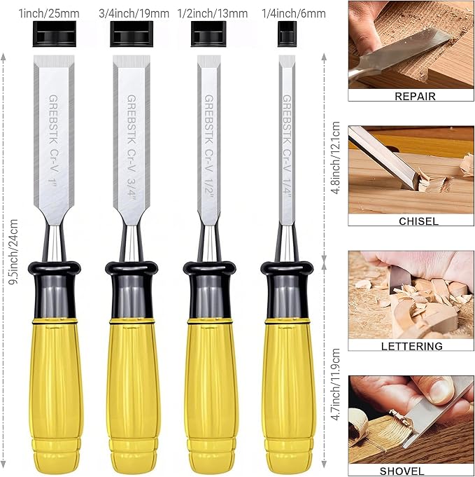 GREBSTK 4-Piece Ultra-Sharp Wood Chisel Set, CR-V Steel Beveled Blades - Image 2