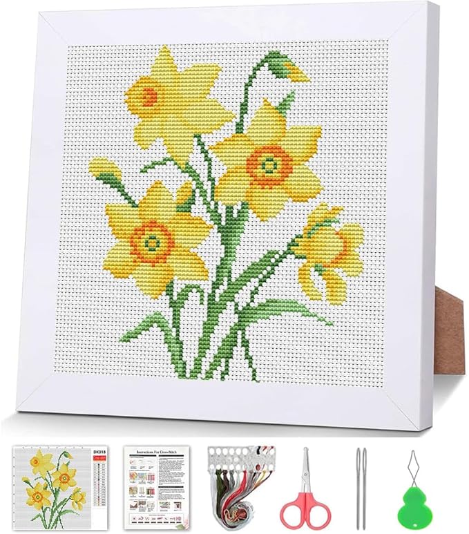 Daffodil Cross Stitch Kits for Beginners, Flowers Stamped Cross Stitch for by VIGEGU