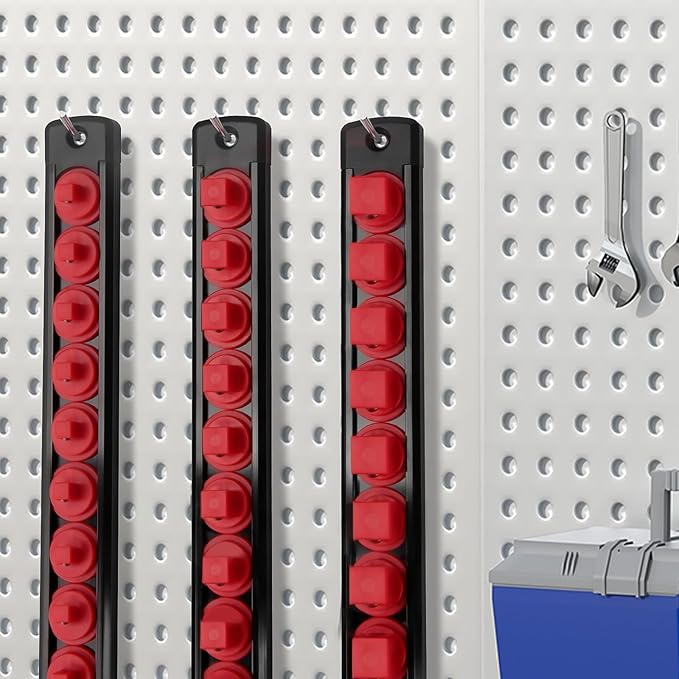 Fivepears Magnetic Socket Rails Storage Organizer, Heavy Duty Aluminum ABS Socket Holders, 360 Swivel Clips for Tool Box, 3/8 x 14, 1/2 x 12, 1/4 x 14 (Red)