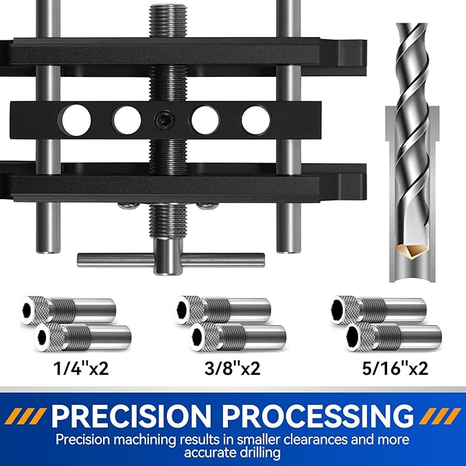Self Centering Doweling Jig Kit,Adjustable Width Dowel Jig for Straight Holes,Adjustable Drilling Guide Wood Working Tools with 6 Drill Guide Bushings, Wood Doweling Jig for Woodworking（Black)