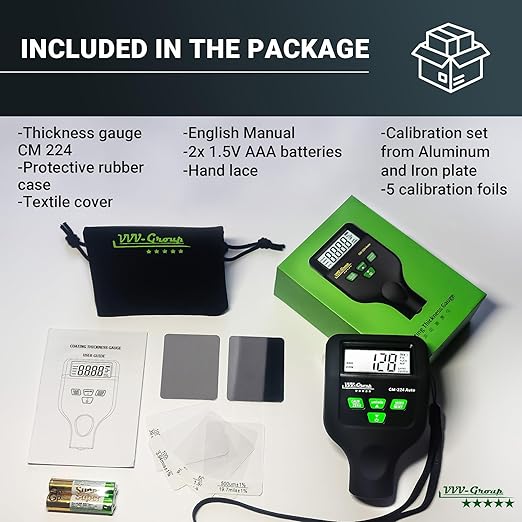 Paint Thickness Gauge CM-224Auto 2025 | Goating Thickness Meter, Digital Paint Depth Gauge for Cars, Al/Fe+Zinc Detection, Auto Calibration, 0.1 μm/0.01 mil Resolution, Large LCD