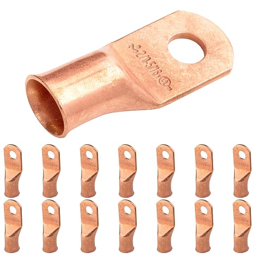 SELTERM 15pcs 2/0 AWG 5/16" Stud - UL Heavy Duty Battery Terminal Connectors, Bare Copper Battery Cable Lugs, 00 Gauge Wire Connectors, Electrical Battery Cable Ends, Ring Terminals Copper Lugs