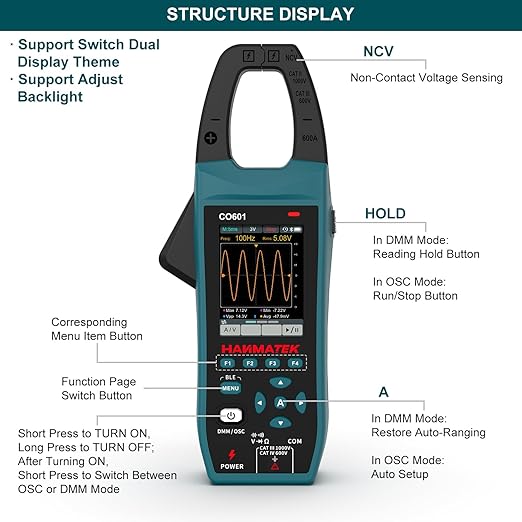 HANMATEK 3-in-1 AC/DC Clamp Meter & Oscilloscope,5MS/s High Sampling Rate,1MHz Bandwidth,600A &1000V AC/DC Current & Voltage Detection,Resistance,Capacitance,Continuity Test,NCV,Data Logging-CO601