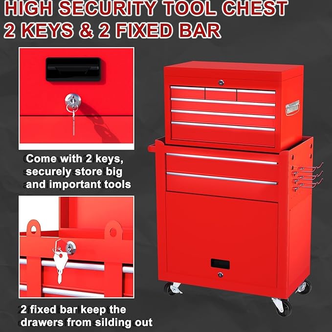 8-Drawer Rolling Tool Chest with Wheels - High Capacity Tool Cabinet with Detachable Top Toolbox for Garage and Workshop Organization - Metal Tool Cart with Liner & 6 Hooks, Red