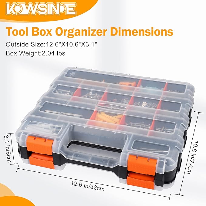 Double Side Tool Organizer, Hardware Storage Box, 34-Compartments Small Parts Organizer with Removable Dividers for Screws, Nuts, Nails, Bolts