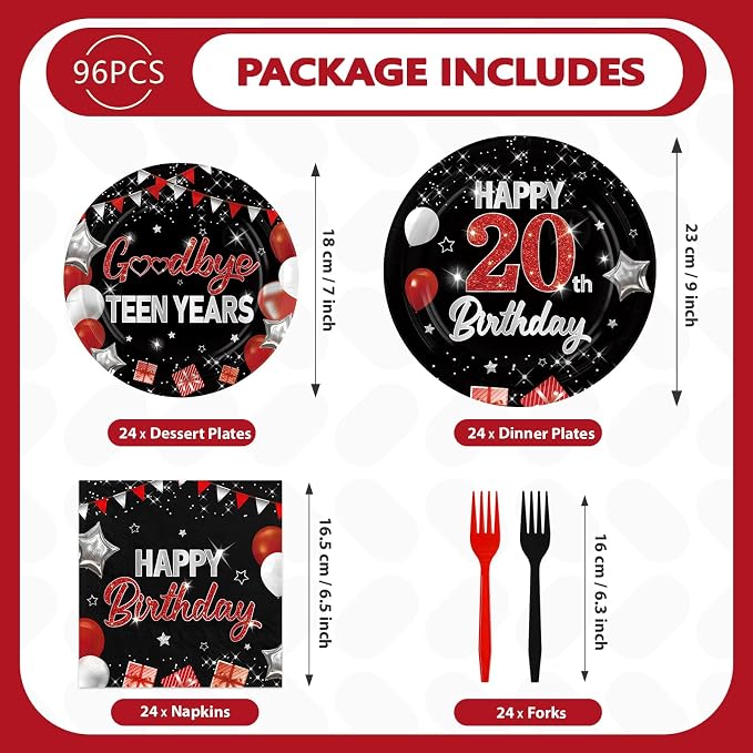 96Pcs 20th Birthday Party Decorations Red and Black Plates and Napkins Goodbye - Image 2