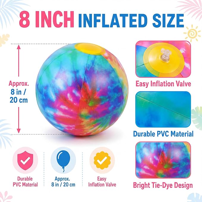 Realspring 12 Pack 8 Inch Tie Dye Beach Balls Bulk Rainbow Themed Pool Toys - Image 2