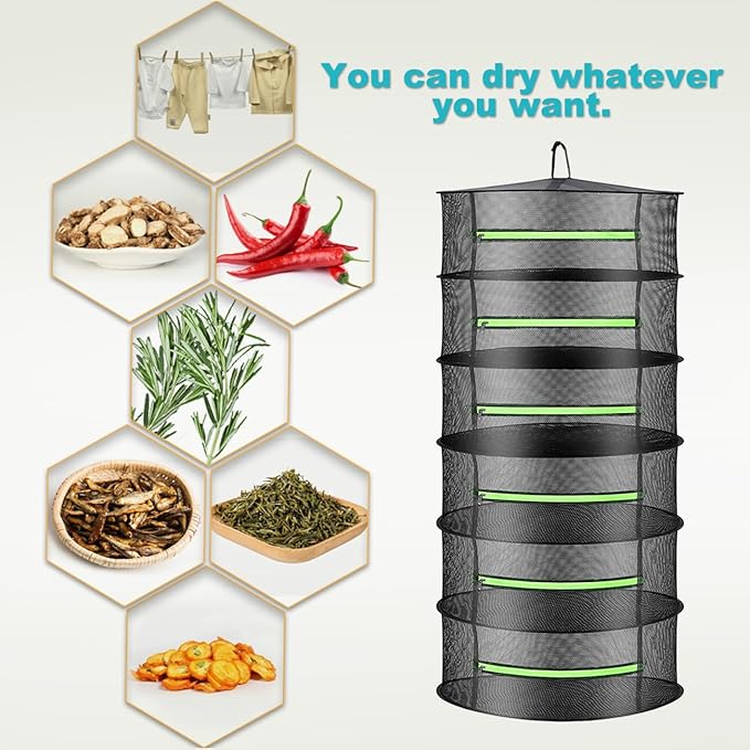 Layer 2ft Herb Drying Rack Hanging Mesh Net with Green Zippers,Bonus Hook Drying Rack Herbs for Plant Bud Seed,Herb Dry Net for Garden(6 Layer, Zipper Type)