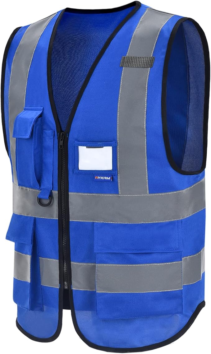 A-SAFETY Big and tall Blue high vis Reflective Work Ves 7 Pockets,4XL-5XL