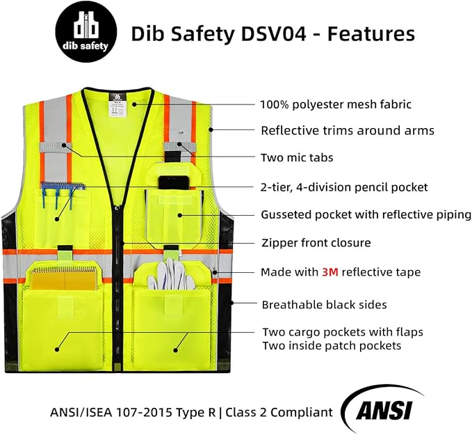 Dib Safety Vest Reflective Yellow Mesh, High Visibility Vest with Pockets and Zipper, ANSI Class 2 Heavy Duty, Made with 3M Reflective Tape XL