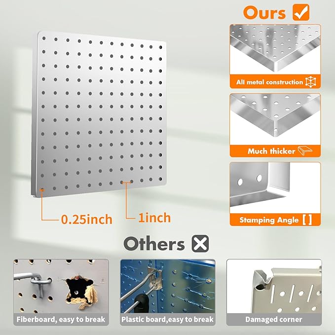 FZK Peg Board, 4 Pack Metal Pegboard Kit,Silver Pegboard Wall Organizer with 32 Pcs Hooks, Peg Board for Walls Home, Garage Tool Storage, Office Organization, Kitchen, Craft Room