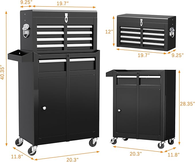 INTERGREAT Black Tool Chest, 5-Drawer Rolling Tool Storage Cabinet with Detachable Top Tool Box, Tool Chest with Universal Lockable Wheels, Metal Tool Cart for, Workshop, Barbershop