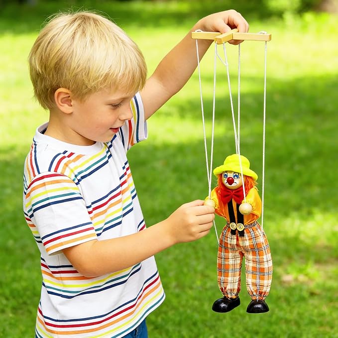 6 Pack Wooden Marionette Puppets Clown Pull String Puppets Movable Hands and - Image 3