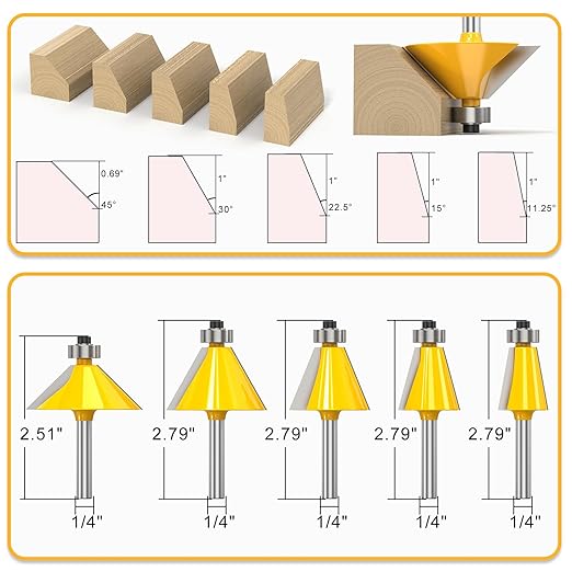 5PCS Chamfer Router Bit Set 1/4 Inch Shank Dish Carving Router Bits with Top Bearing for Woodworking, 11.25, 15, 22.5, 30, 45 Degree