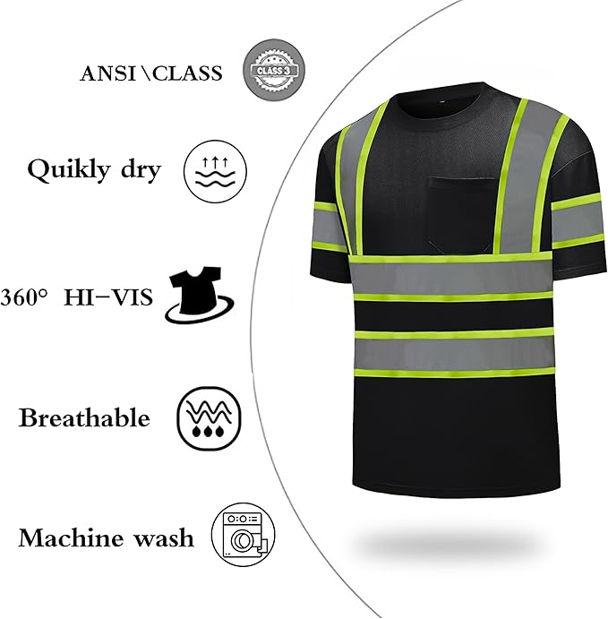 High Visibility Shirts Quick Dry Safety T Shirts with Reflective Strips and Pocket Short Sleeve Mesh Hi Vis Construction Work Class 2 Shirt for Men/Women Black,2XL