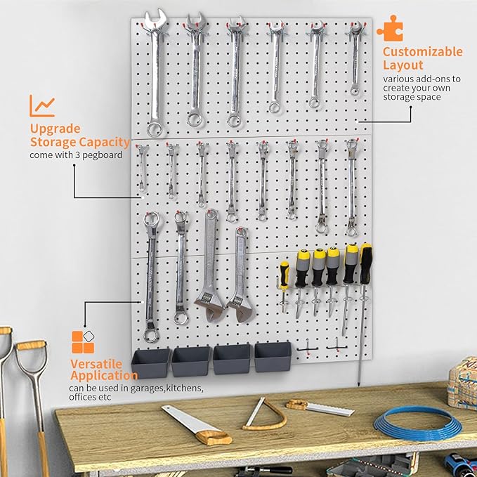 Peg Boards for Walls Metal Pegboard Panels Garage Wall Organizer, 3 Pcs 24" x 12" Garage Metal White Peg Board Tool Organization, Steel Pegboard Tool Board Garage Wall Mount Pegboard Wall Organizer