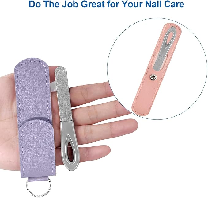 Metal Nail File with Case, 2 Pack Keychain Nail Files for Natural Nails, Fingernail Files Diamond Round Tip Stainless Steel Double Sided Fine Grit Silver Filer with Leather Sheath Travel Pink Purple