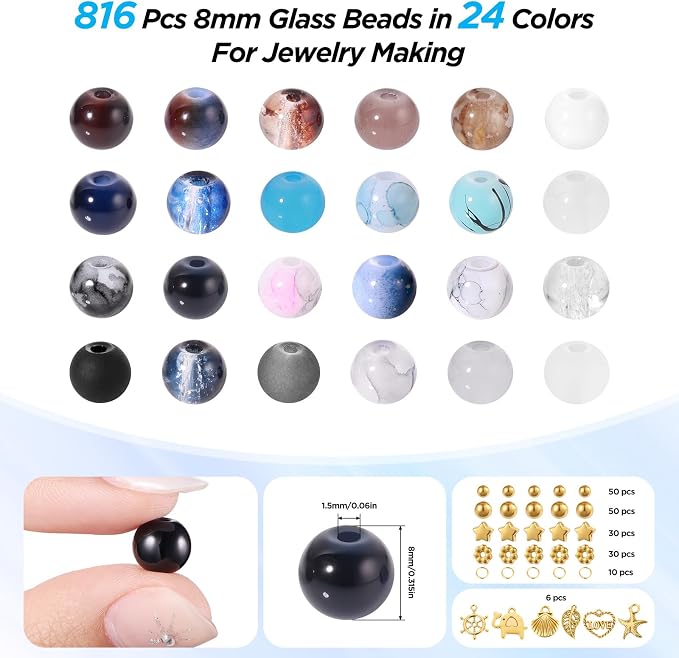 Funtopia 8mm Glass Beads, Neutral Colors Round Marble Loose Beads - Image 4