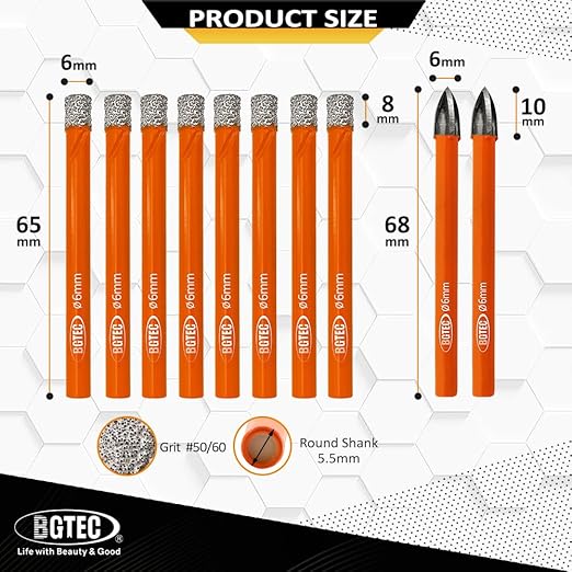 BGTEC Dry Diamond Drill Bits Set - 8pcs 1/4" Tile Drill Bits and 2pcs 1/4" Carbide Drill for Granite Marble Porcelain Ceramic