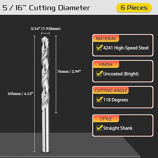 Drill Bit, 5/16" Cutting Diameter, 4241 HSS 118° Cutting Angle Uncoated Bright Versatile Jobber Bits - (Applications: for Drilling Plastic Wood Soft Metal), 6-Pieces