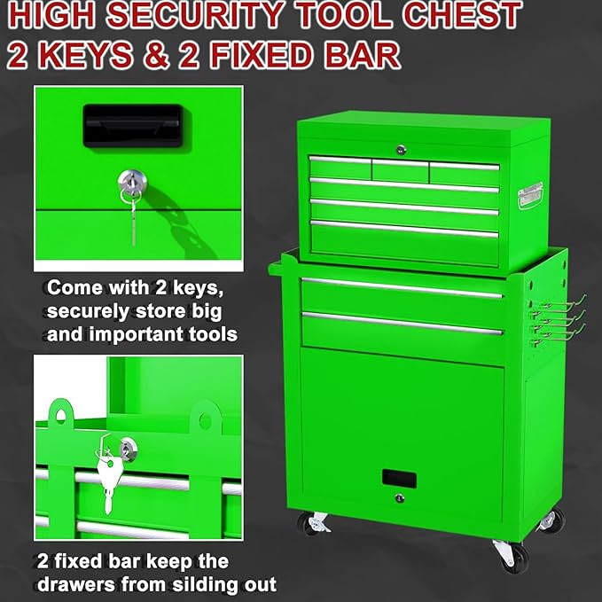 8-Drawer Rolling Tool Chest, 2-in-1 Tool Box Organizer with Lockable Wheels, Sliding Drawers, and Detachable Top, Garage Workshop Tool Storage Cabinet, Green