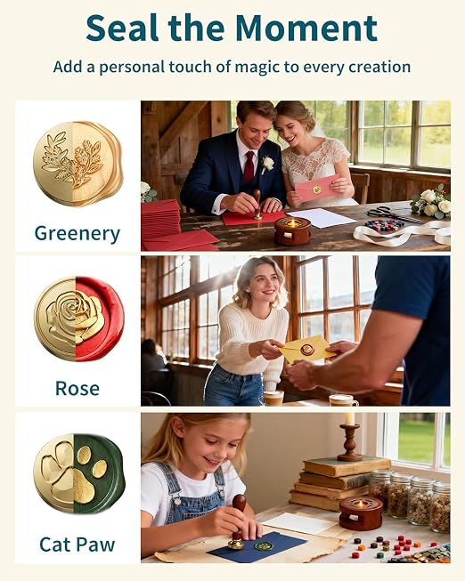 Wax Seal Stamp Kit for Beginners: Wax Sealing Tool Set 3 Brass Stamp Heads - Image 3