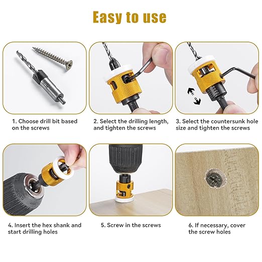 15 Pcs Countersink Drill Bit Set with Low Friction Depth Stop, HSS M2 Bits Tapered Head 1/8" 9/64" 5/32" Drill+3/8” 82° Counter-Bore,11/64" 3/16" Drill+ 1/2" 82° Counter Bore,1/4” Hex Shank(Yellow)