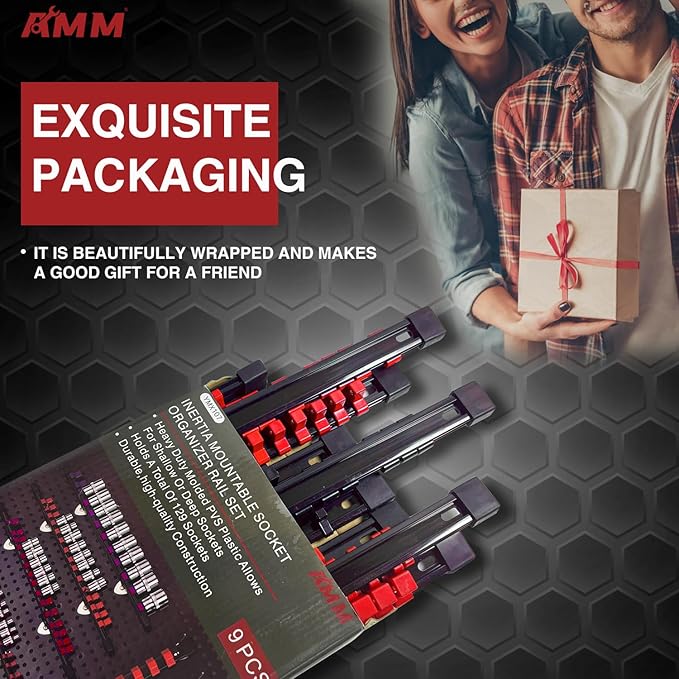 AMM 9-Piece Socket Organizer, 1/2 inch, 3/8 inch and 1/4 inch Drive ABS Tools-Red Socket Holder,Heavy Duty Socket Racks, Premium Quality Socket Clip Rail Holder,The best tool trays in the garage