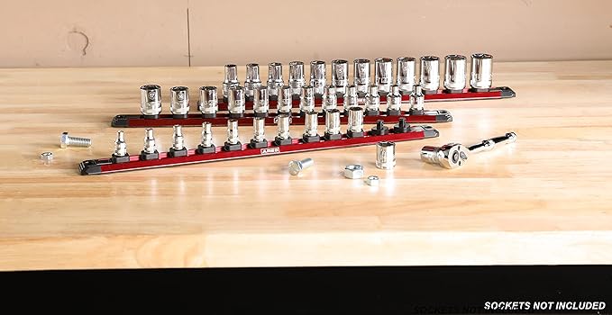 ARES 60171-3-Piece 15.5-Inch Red Twist Lock Magnetic Socket Rail Set - Store 12 Metric or SAE Sockets on Each Rail and Keep Your Tool Box Organized – Magnetic Base for Easy Socket Organization