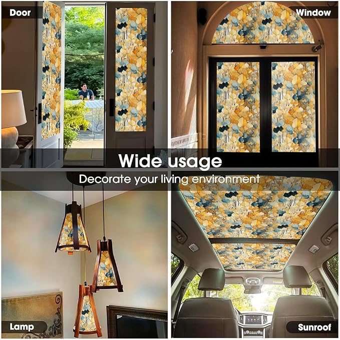Boho Yellow Blue Ginko Leaf Stained Glass Window Films Decorative Double-Side - Image 5