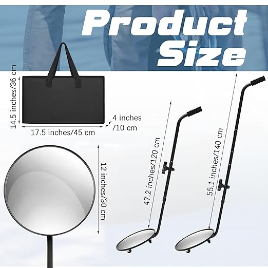 Barydat 2 Pack Under Vehicle Inspection Mirror with Telescoping Handle and Light 12 Inch Diameter Security Angle Adjustment Handheld Inspection Mirror for Under Car Truck Equipment Over Shelf