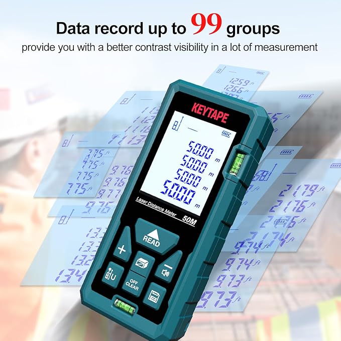 Distance Measuring Laser 165ft KEYTAPE Multifunction Measure Laser Ruler, Upgraded M/in/FT/FT+in Unit Switching Backlit LCD and Pythagorean Mode, DT50 Portable Handle Laser Distance Measurement Tool