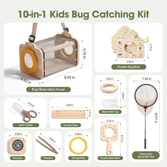 Wooden Bug Catcher Kit for Kids 3-8, Butterfly Net & STEM Guide, Catch & - Image 8
