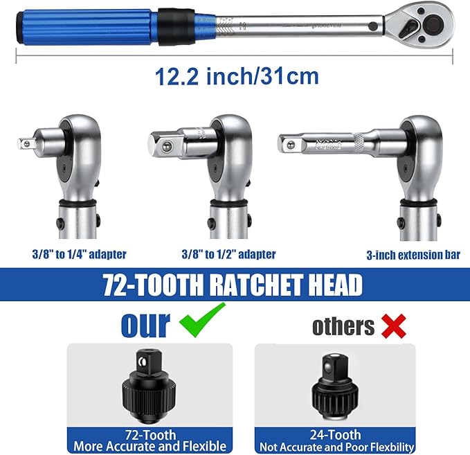 3/8-Inch Drive Click Torque Wrench, Dual-Direction 72-Tooth Torque Wrench Set 7.4-44.3 FT.LB/10-60 Nm Dual Range Scales Torque Wrench for Bike, Motorcycle, Car Spark