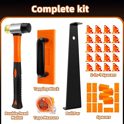 Laminate Wood Flooring Installation Kit, 6 in 1 Vinyl Flooring Tools with Double-Faced Mallet, Tapping Block with Handle, 2 in 1 Flooring Spacers, Heavy Duty Pull Bar, 40 Spacers, Tape Measure