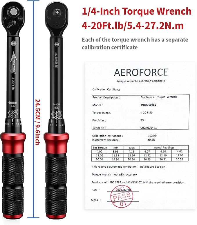 AEROFORCE 1/4-Inch Drive Click Torque Wrench (4-20 lb.ft / 5.4-27.2 Nm),72 Tooth Dual Direction Reversible Ratchet with Dual Range Scales, Precision Calibrated for Bikes & DIY