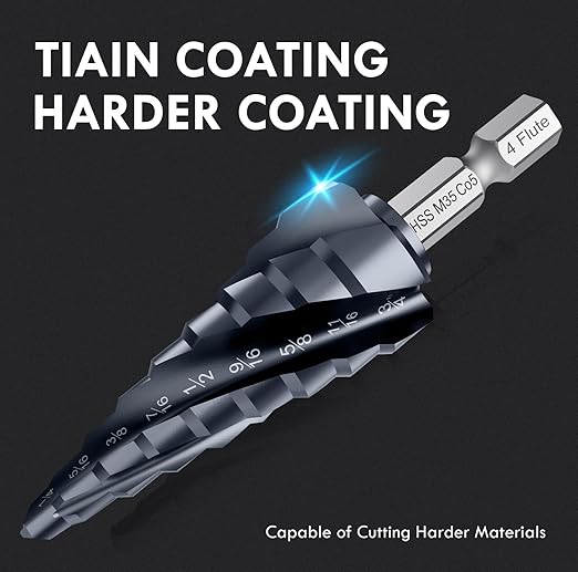𝗠𝗔𝗖𝗫𝗖𝗢𝗜𝗣 𝗙𝗼𝘂𝗿 𝗦𝗽𝗿𝗶𝗮𝗹 𝗙𝗹𝘂𝘁𝗲 M35 Cobalt Step Drill Bit, 1/4"-3/4" Ultra 𝗧𝗶𝗔𝗜𝗡 Coated, 1/4" Hex Shank Drill Bit for Metal, Stainless Steel, Aluminum, Copper, Wood, PVC