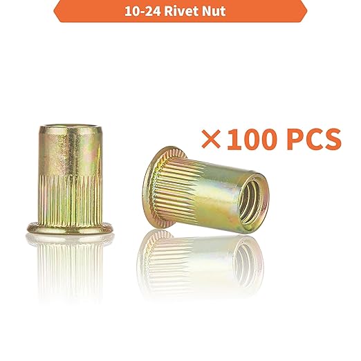 Rivet Nut Installation Tool Set Flat Head Rivnut Threaded Insert Nut Kit SAE & Metric for Metal Heavy Duty Zinc Plated Nutsert (10-24(Rivet Nut-100pcs))