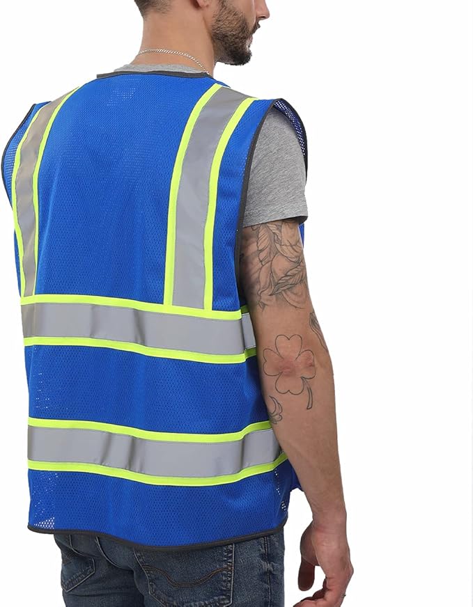 Dib Safety Reflective Mesh Vest High Visibility Two Tone with Pockets and Zipper, Blue Mesh with Yellow Trim XL