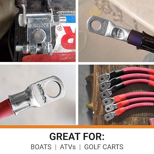SELTERM 10pcs 4/0 AWG-3/8 Stud Tinned Copper Wire Lugs, Heavy Duty Battery Cable Ends,0000 Gauge Ring Terminals, UL Battery Lugs Marine Grade Copper Eyelets Electrical Battery Terminal Connectors