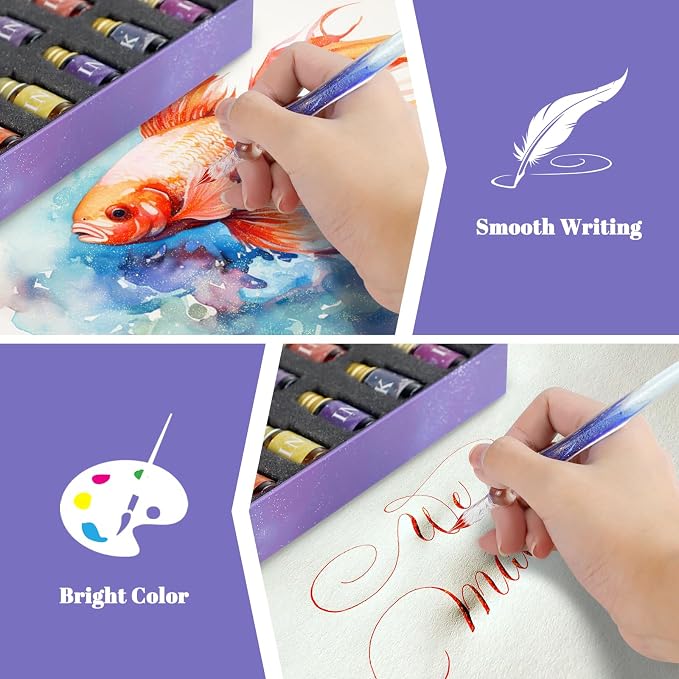 Glass Dip Pen Ink Set, 2 Crystal Signature Glass Pen, 12 Gold Powder Drawing - Image 6