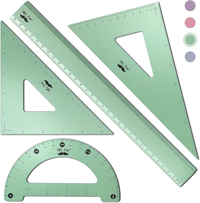Mr. Pen- Metal Geometry Kit, 4 Pack, 45° & 30°/60° Set Squares | 6" Protractor by MrPen