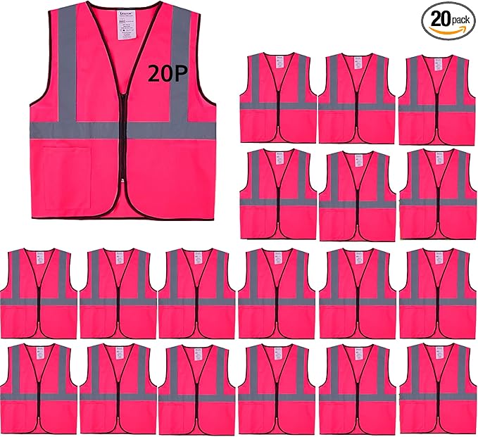 Pink Safety Vests 20 Pack - Reflective High Visibility Construction ANSI Class 2 Work Vests for Men,Woman with Zipper,Hi Vis Mesh and Neon Silver