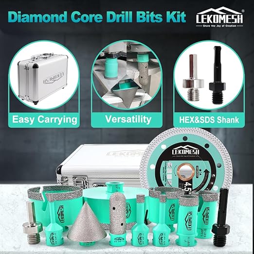 Tile Hole Saw Kit for Porcelain Tile-(6/8/10/25/35/50/75/125mm+Finger Bit+Chamfer Bit+Adapter+Tile Blade) Diamond Tile Drill Bits Precision Cutting for Ceramic Marble Granite,5/8"-11 Thread