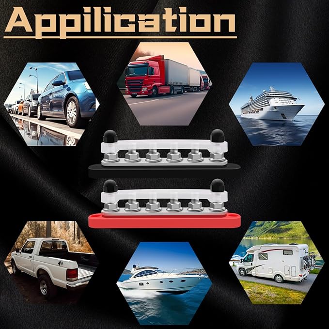 350A 12V-48V Bus Bar Marine Power Distribution Block with Cover with 6 x 3/8”Post,Battery Bus Bar (Pair,Red & Black),Automotive Busbars 12 Volt for Car Boat Solar Wiring